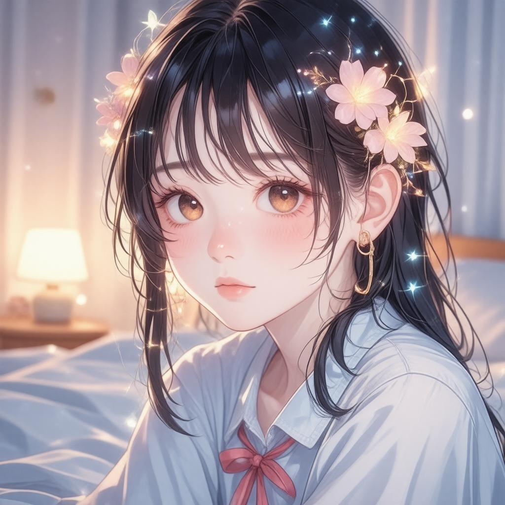 This wallpaper features a shy high school girl with holographic flowers and fairy lights in her hair, set against a serene bedroom backdrop.