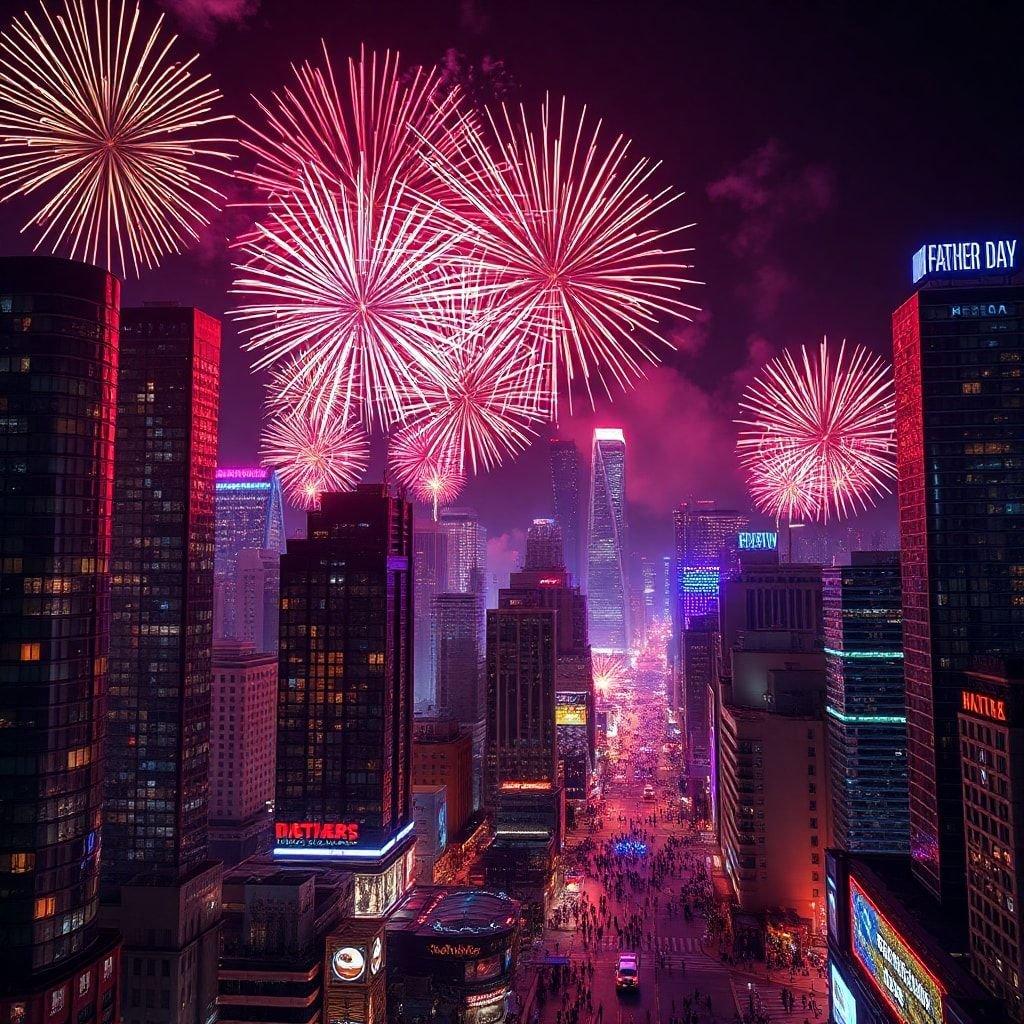 Celebrando la vitalidad de la vida urbana, esta imagen captura un bullicioso horizonte de ciudad durante un espectacular espectáculo de fuegos artificiales en el Día del Padre.