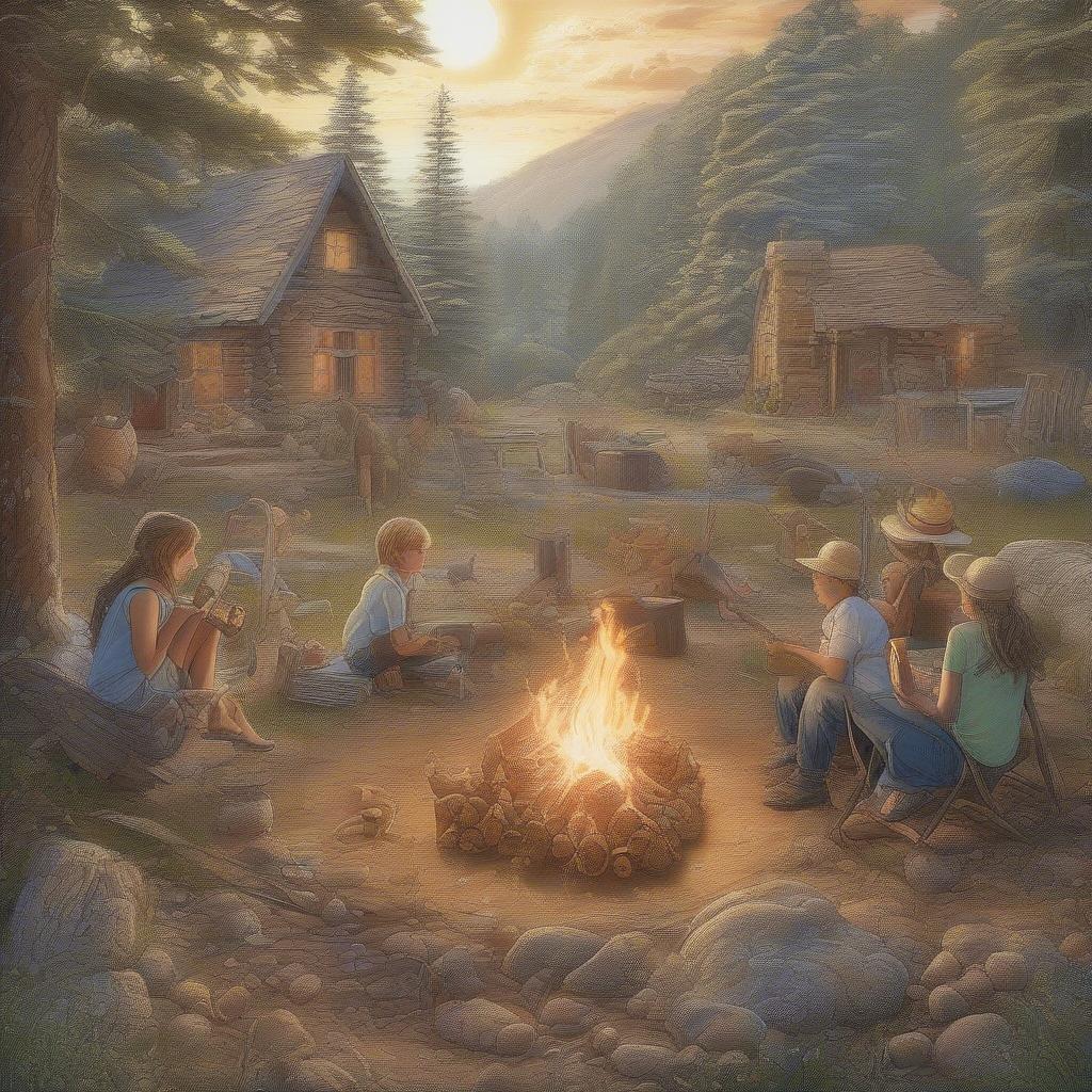 In this tranquil scene, a group of friends have gathered around a warm campfire in the heart of a serene forest. The soft glow from the fire illuminates their faces as they share stories and laughter under the watchful gaze of the trees. The stars twinkle above them as dusk falls, painting the sky with hues of orange and blue.