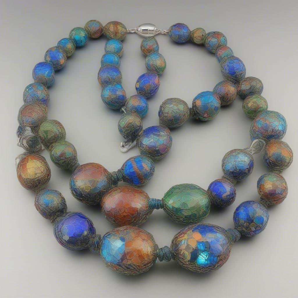 A vibrant necklace featuring an array of beads in a spectrum of colors, reminiscent of a sunset over the ocean.