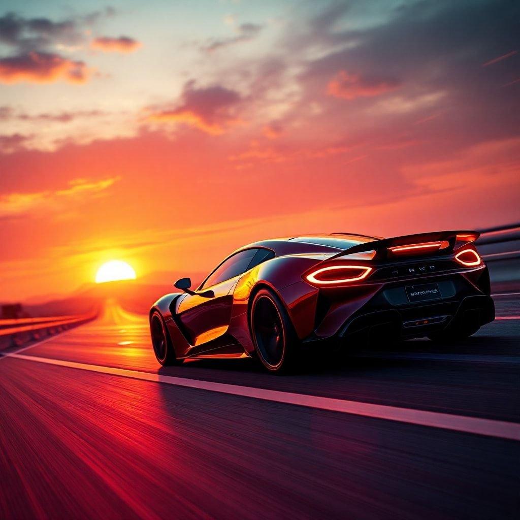 A thrilling ride through a breathtaking sunset, with a futuristic sports car leading the way.