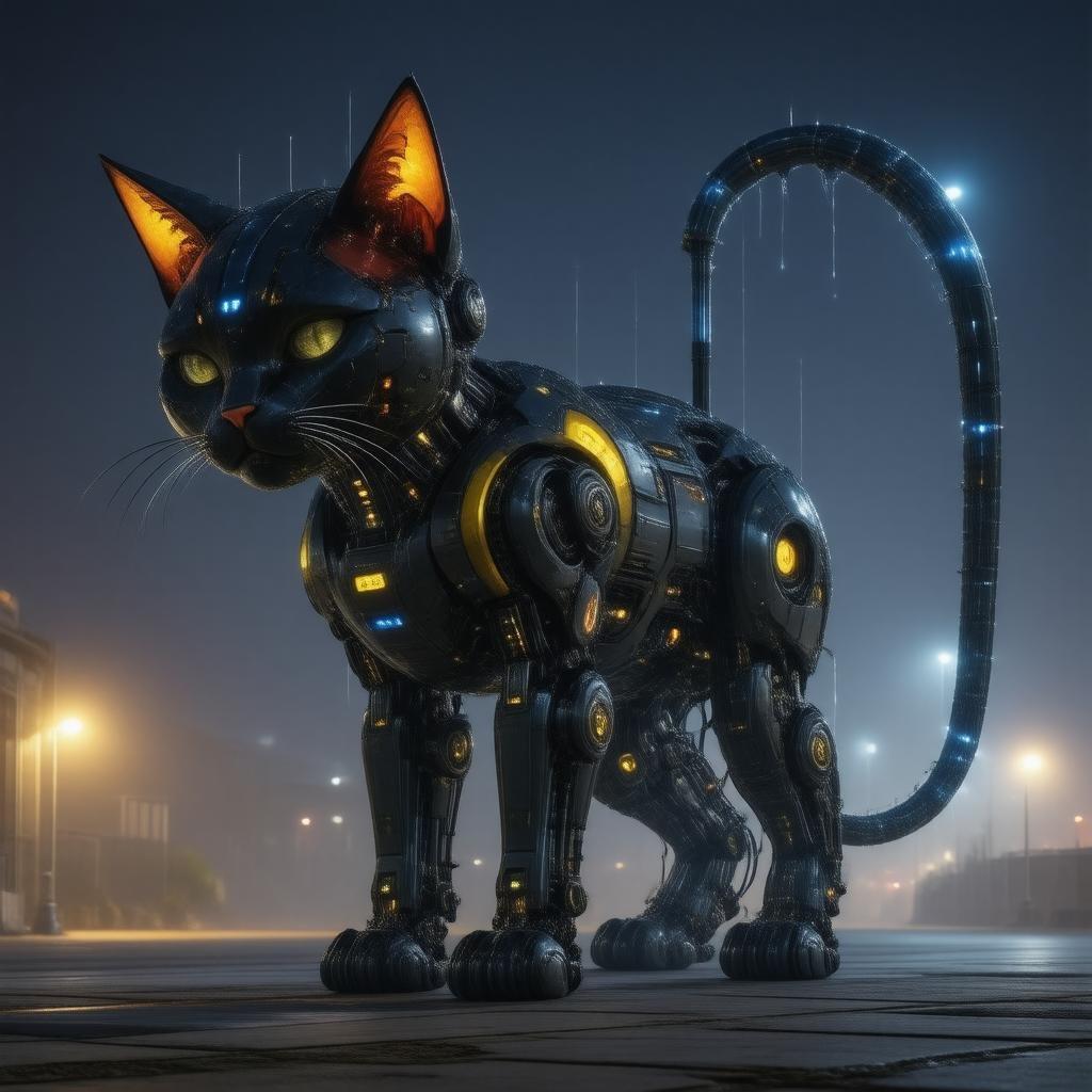 A futuristic and anime-inspired depiction of a mechanical cat strolling through a cityscape under the glow of night lights.