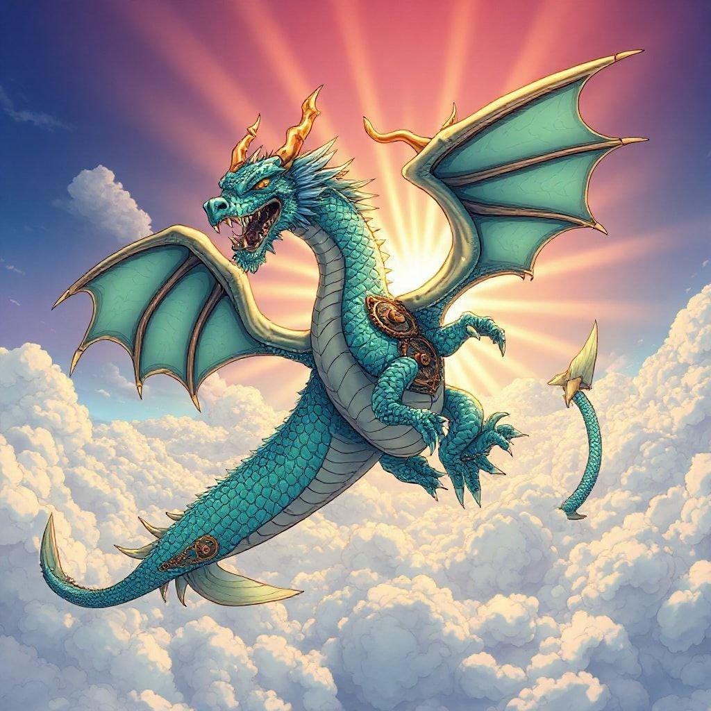 A detailed digital illustration of a steampunk dragon soaring through the clouds, with its wings spread wide and a large gold horn at the top.