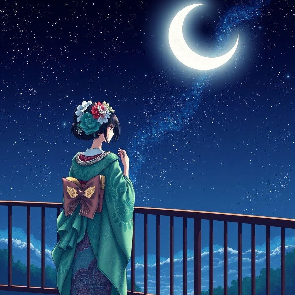 This captivating anime illustration showcases a geisha standing on a balcony, gazing out at the breathtaking starry night sky. The geisha's elaborate headdress, a kaleidoscope of green and blue hues, adds a touch of elegance to the serene scene. The crescent moon in the upper left corner casts a gentle glow, while the peaceful atmosphere is punctuated by a hint of mystery and tranquility.