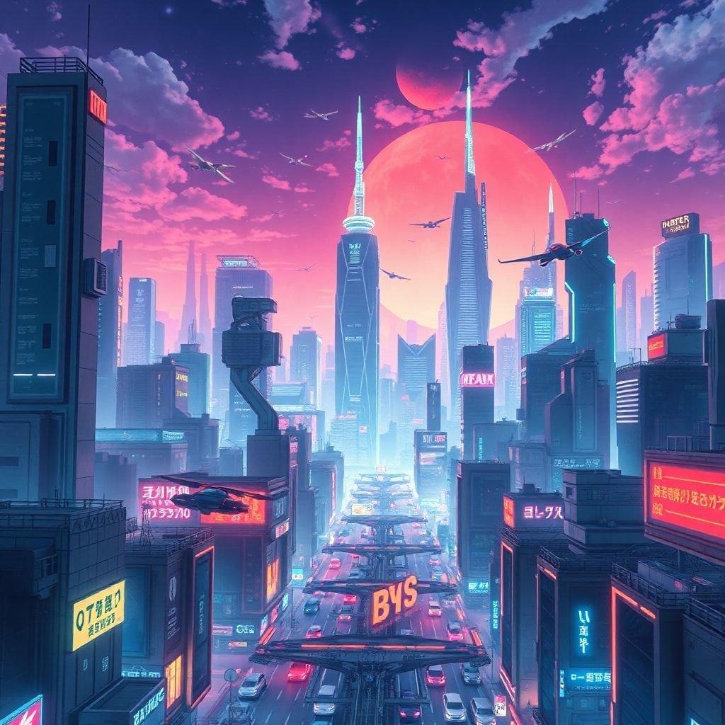 Förbered dig på att fördjupa dig i en värld av futuristiska anime-underverk med denna fantastiska stadslandskapets bakgrund. De livliga neonsljusen från skyskraporna skapar en fängslande bakgrund, medan de flygande bilarna ger en känsla av dynamik till scenen. Denna bakgrund är perfekt för alla som älskar anime och vill ge en touch av futuristisk stil till sin skrivbord eller mobila enhet.