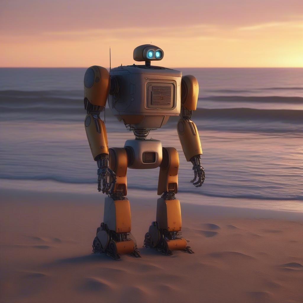 A robot stands on a beach at sunset, surrounded by the beauty of nature.