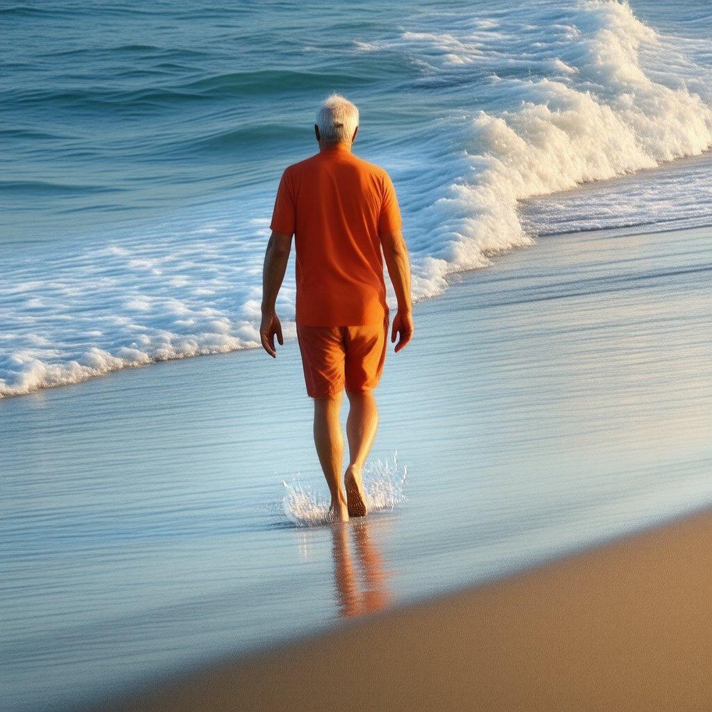 一个男人在海滩上散步的宁静和平和的场景，伴随着海浪的声音和阳光在他皮肤上的温暖。