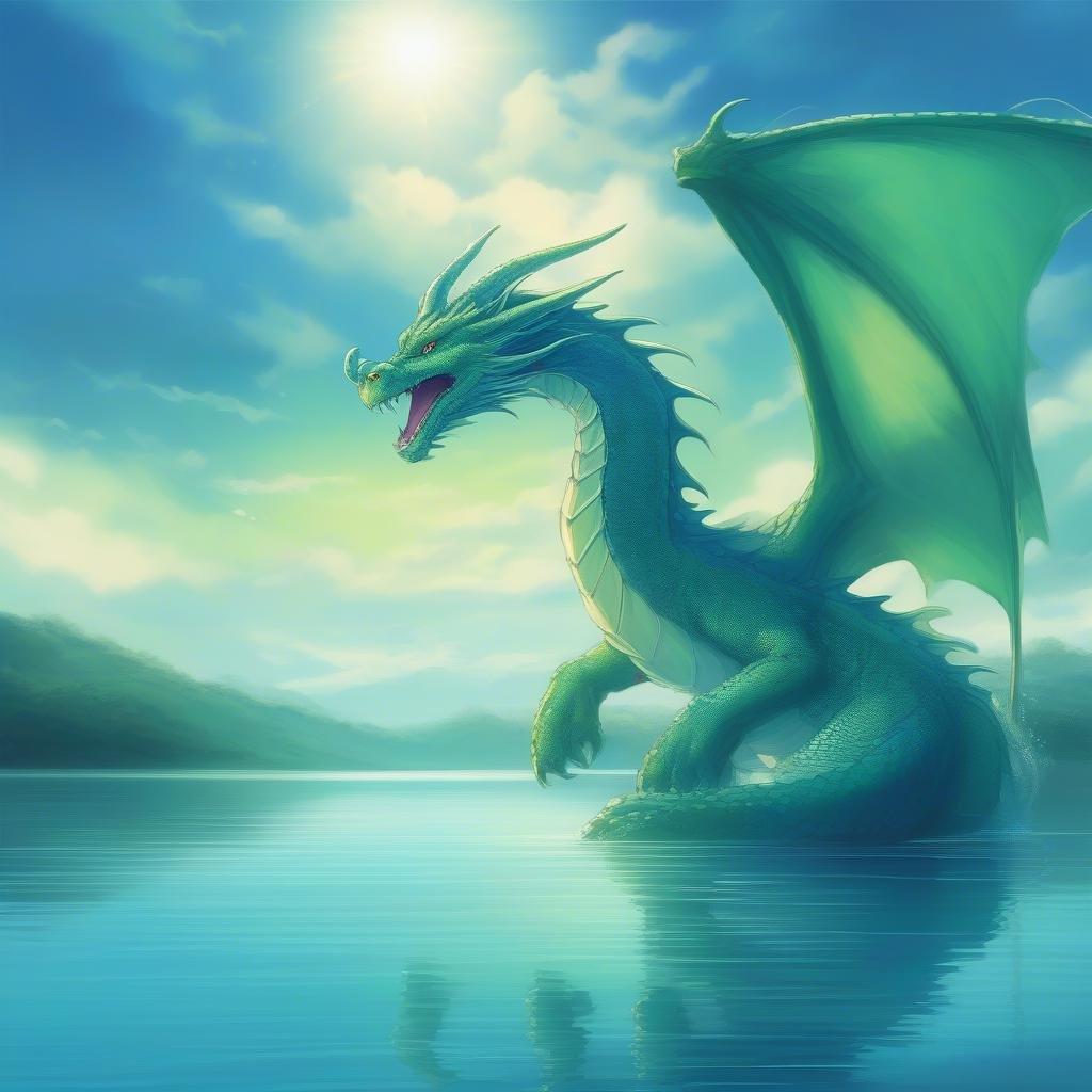 Un dragon de style anime émerge des profondeurs d'un lac serein, ses écailles bleues et vertes scintillant à la lumière. La scène tranquille capture un moment de paix au milieu d'un sentiment de mystère.