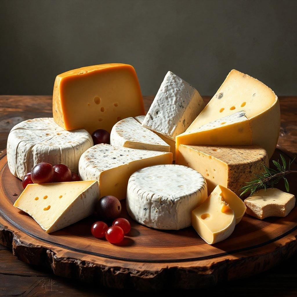 Feast your eyes on this assortment of cheeses. From creamy Brie to sharp Cheddar, this plate offers a delectable selection for the cheese lover's palate.