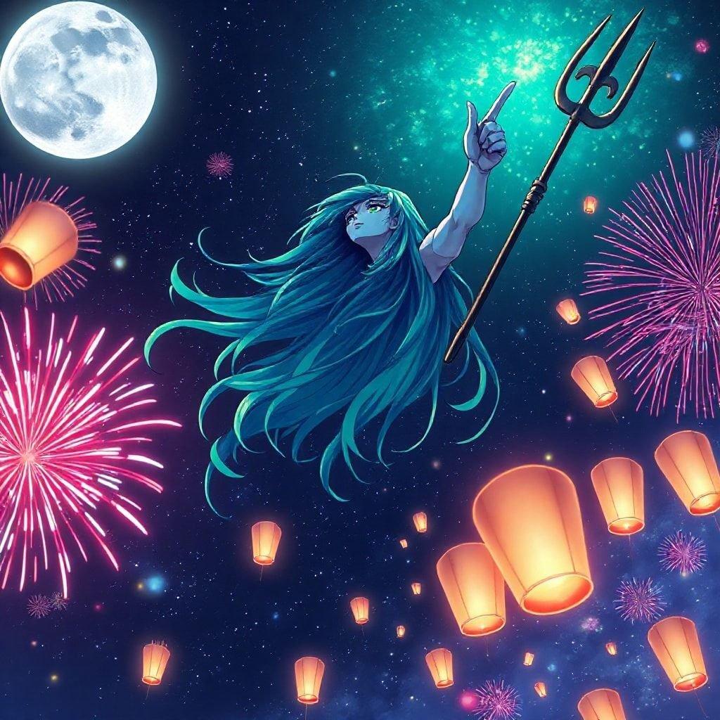 A fantastical anime character ascends to the sky amidst a celebration of fireworks and floating lanterns, under a starry night.