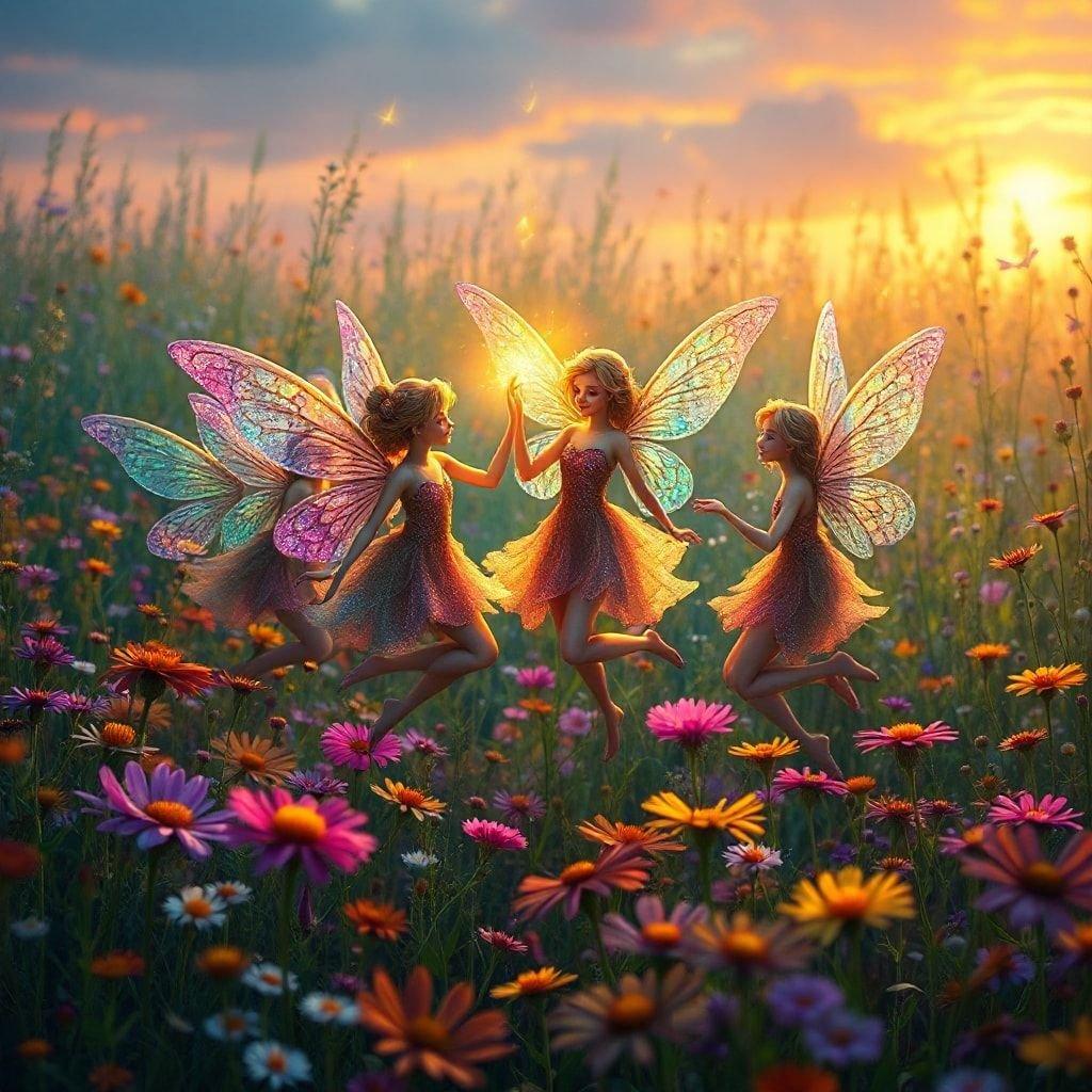 A fairy tale scene with twin fairies dancing through a vibrant flower field at sunset.