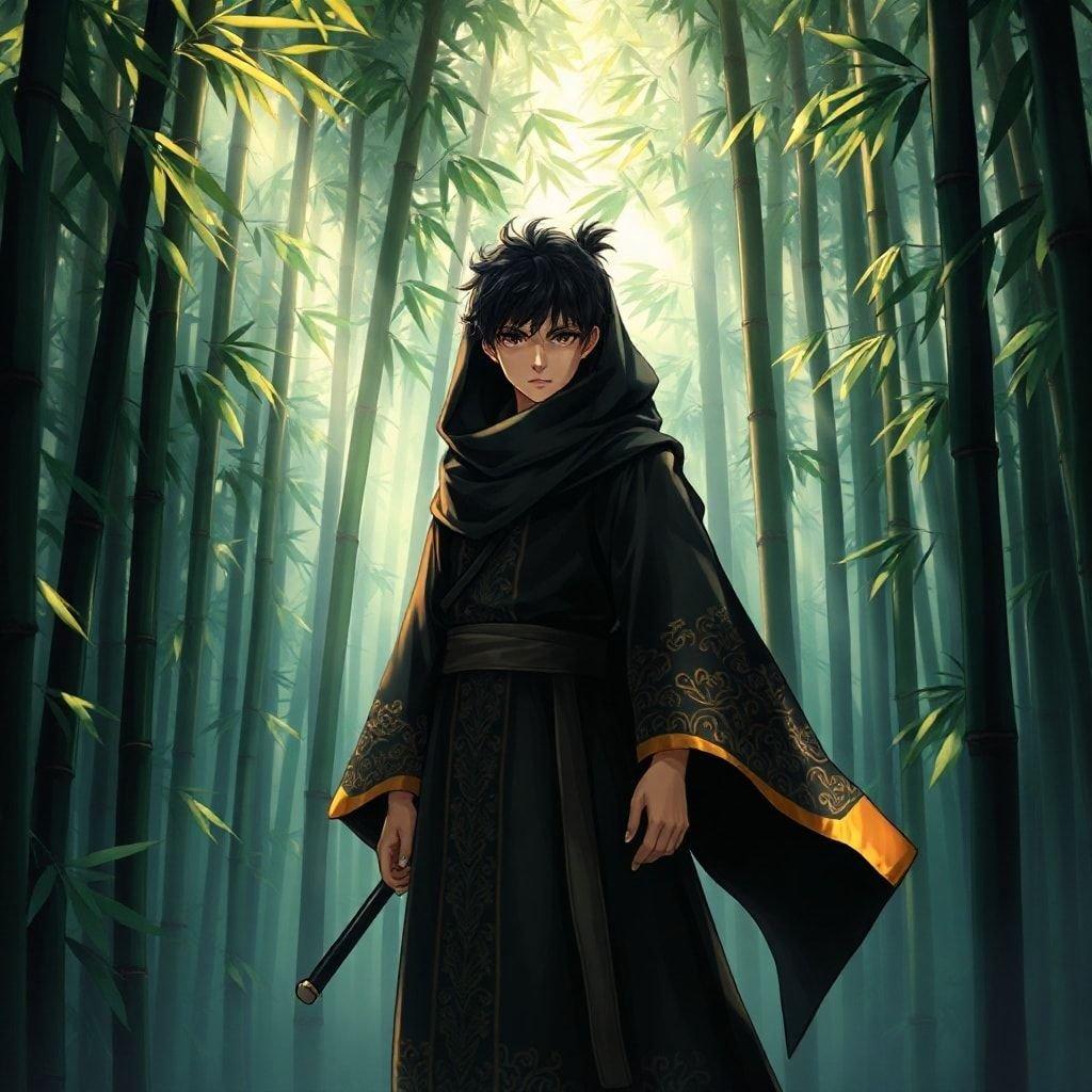 Immerse yourself in the mystical world of anime with this captivating wallpaper featuring a young ninja apprentice in a bamboo forest.