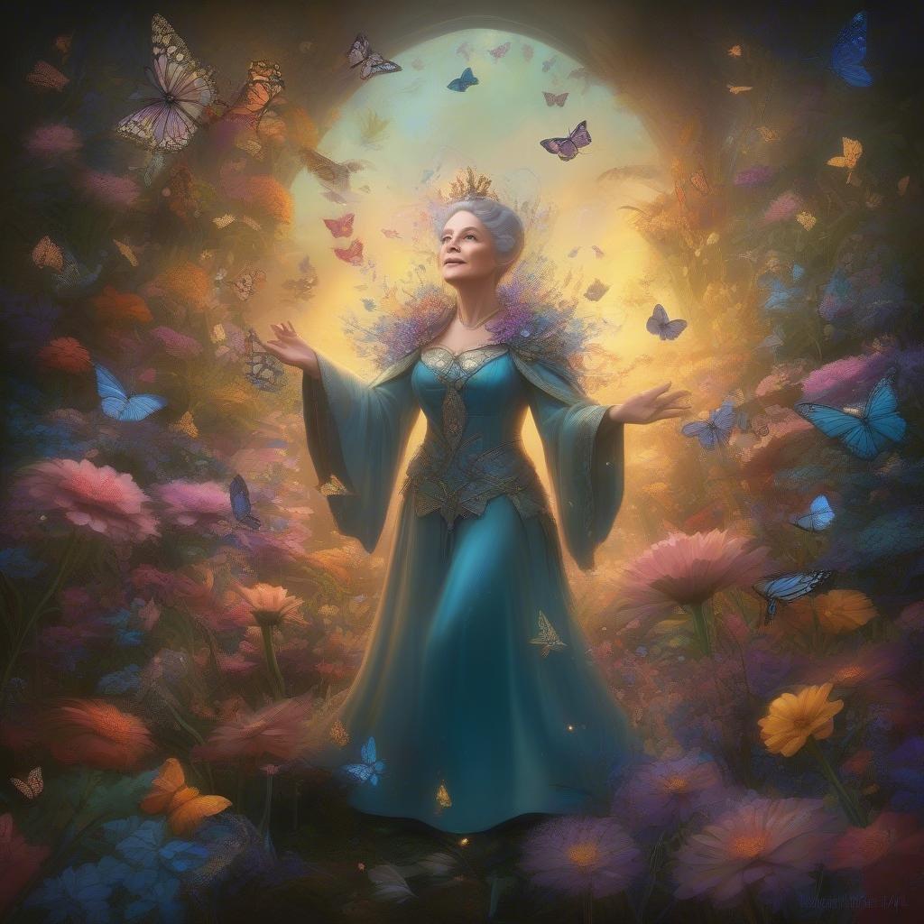 Celebrate Mother's Day with this beautiful wallpaper featuring a woman in a blue dress surrounded by butterflies, symbolizing freedom and beauty.