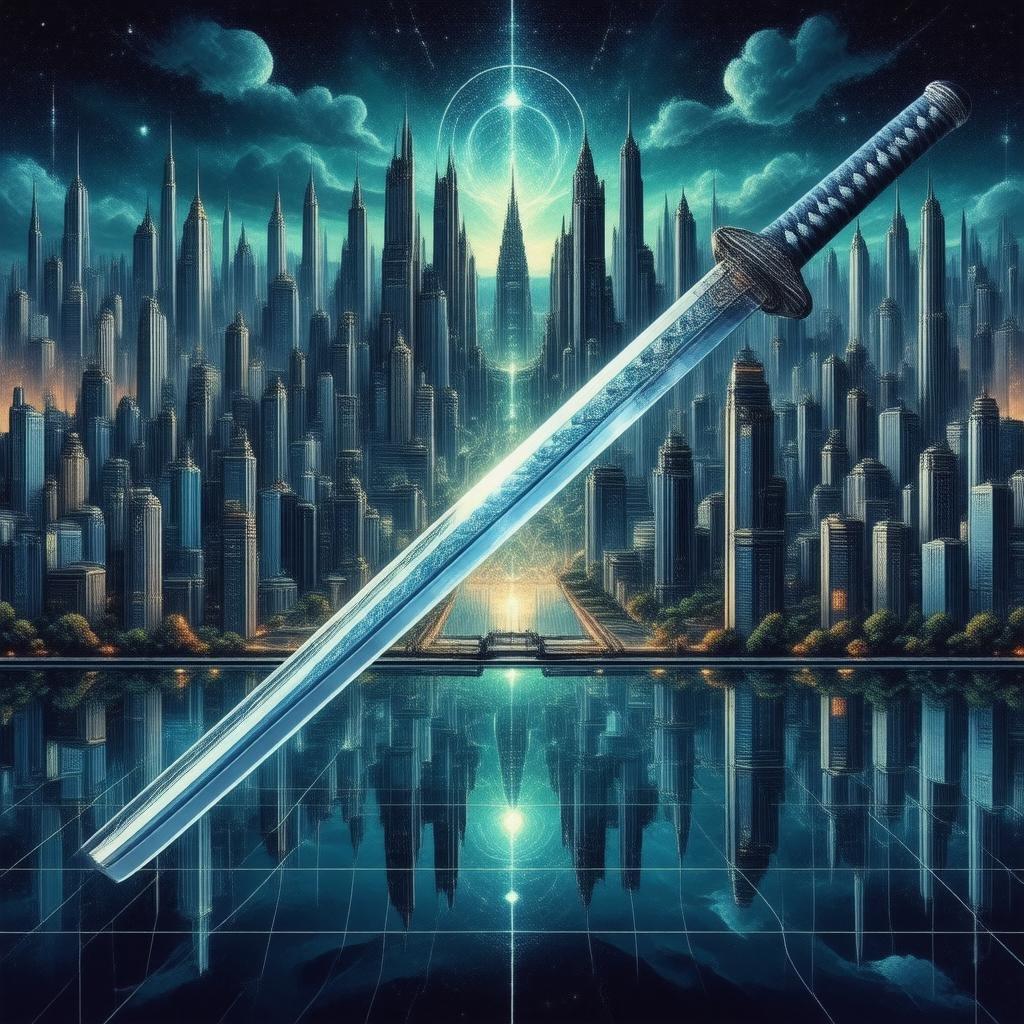 Bereiten Sie sich darauf vor, in eine futuristische Welt einzutauchen mit diesem atemberaubenden, anime-inspirierten Wallpaper. Ein majestätisches Katana-Schwert steht im Mittelpunkt, seine komplizierten Muster spiegeln sich auf einer polierten Oberfläche wider, während es über eine majestätische Stadtlandschaft wacht. Die lebendigen Farben und das detaillierte Design machen dieses Wallpaper perfekt für Anime- und Science-Fiction-Fans.