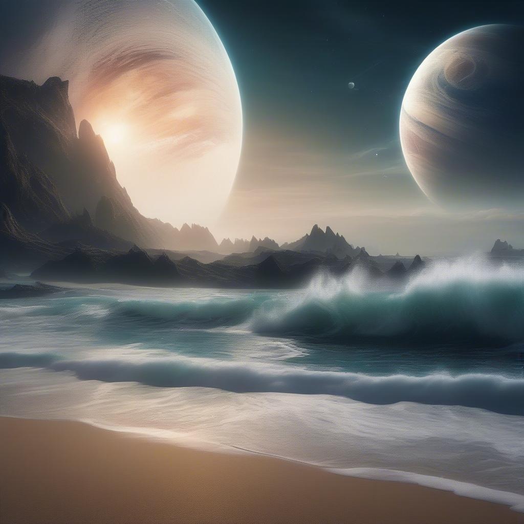 A serene sci-fi landscape with distant planets against a twilight sky, with rocks and waves. Perfect for desktop or mobile backgrounds.