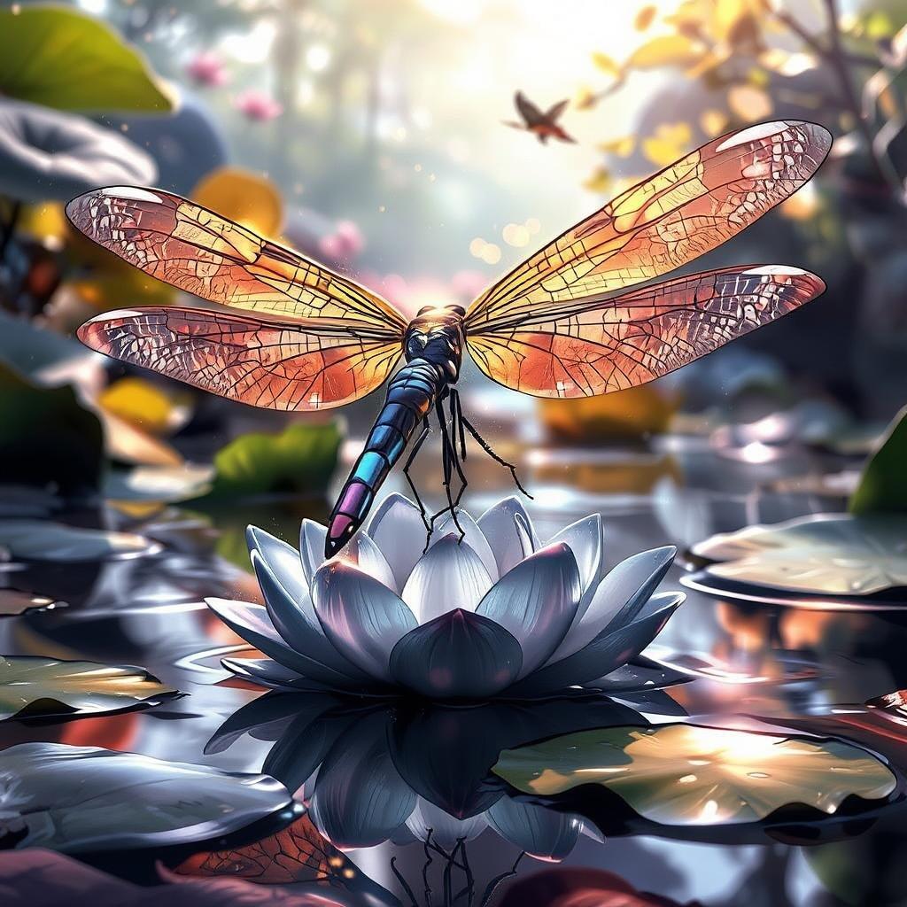 This stunning wallpaper features a majestic dragonfly perched on a lotus flower, its wings spread wide, with intricate patterns and vibrant colors. The scene is a peaceful, natural pond, with reflections of the dragonfly and surrounding nature in a serene, harmonious pond.