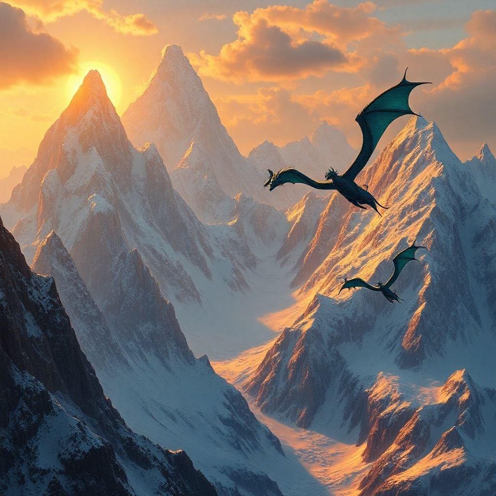 Experience the majesty of dragons soaring over snow-capped peaks, a breathtaking view from a fantasy realm.