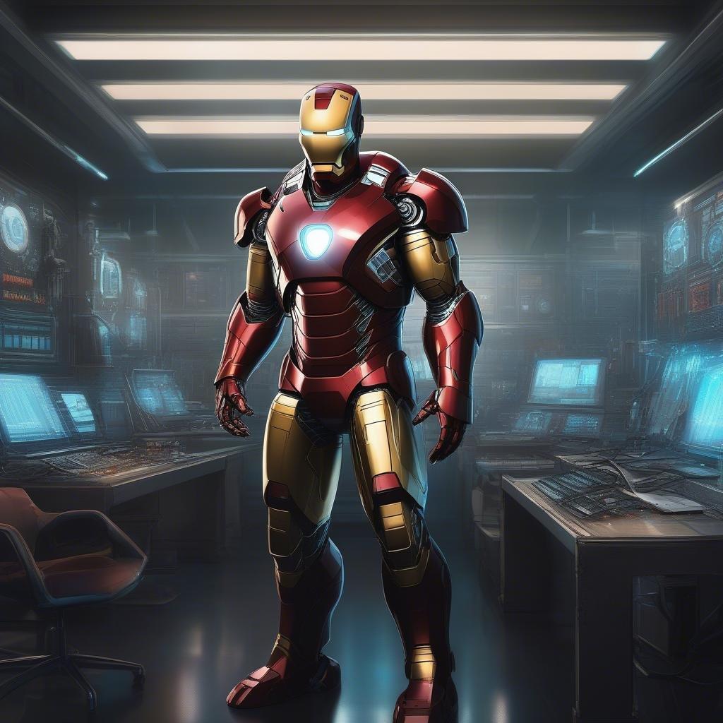 Cette image présente Iron Man debout dans un laboratoire de haute technologie, entouré de machines et d'équipements avancés. Le laboratoire est rempli d'écrans et de fils, lui donnant une ambiance futuriste et high-tech. L'image capture l'essence du génie et de l'innovation de Tony Stark, alors qu'il travaille sur son dernier projet.