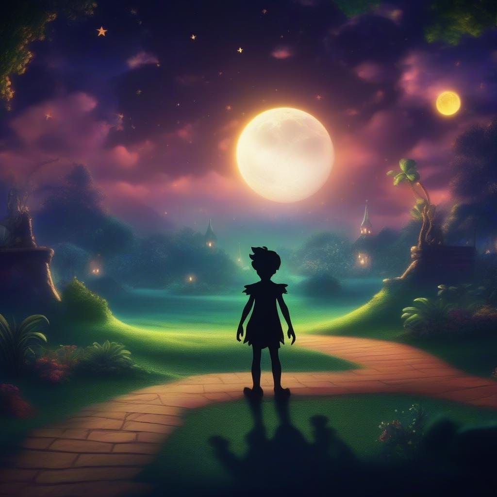 This wallpaper features Peter Pan, a beloved Disney character, standing on a path surrounded by lush greenery and a full moon in the sky. The image is perfect for fans of the classic Disney movie and anyone looking for a whimsical and magical desktop or mobile wallpaper.