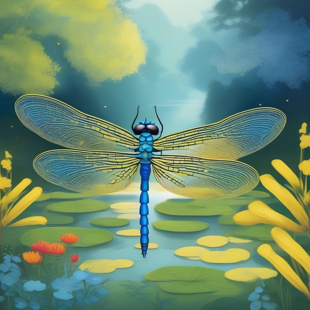 Upplev lugnet i en japansk trädgård där mystiska drakflugor pryder dammen med sina livfulla färger och mjuka flygningar. Den detaljerade illustrationen fångar essensen av naturens skönhet, från de intrikata mönstren på drakflugans vingar till vågorna i vattnet.