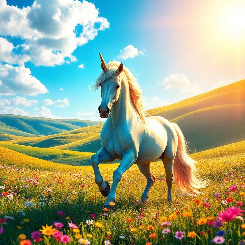 Experience the wonder of a mystical world where a majestic unicorn strides across a field blooming with colorful flowers, under a sky that hints at enchantment and adventure.