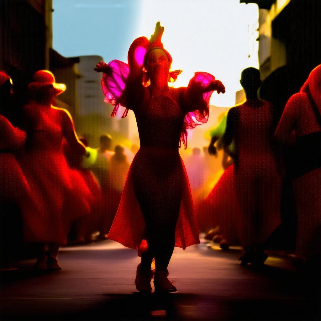 A lively scene of people dressed in colorful attire, dancing down a street at night. The vibrancy and joy are palpable, capturing the spirit of travel and adventure.