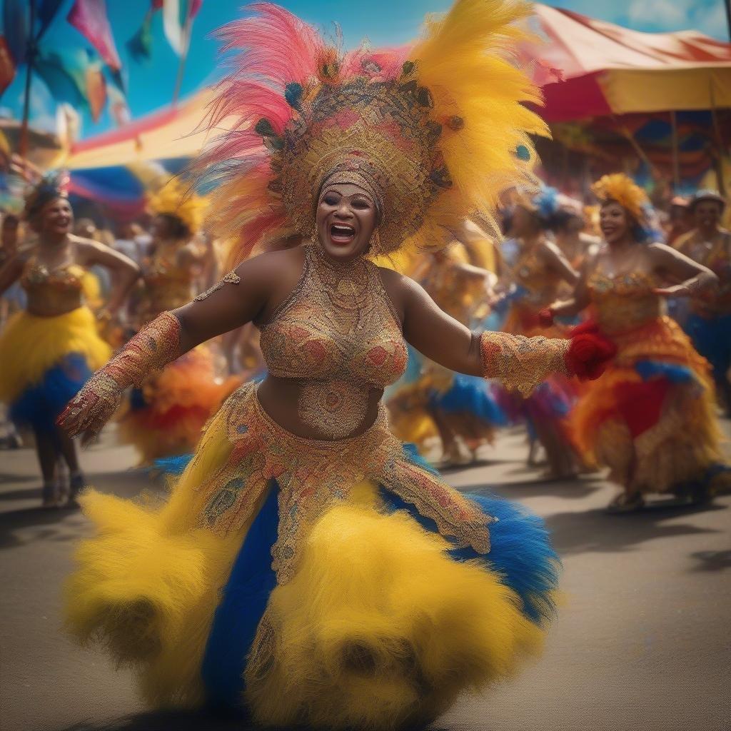 A lively scene from a carnival parade, featuring dancers in vibrant costumes dancing down the street, under a clear blue sky.