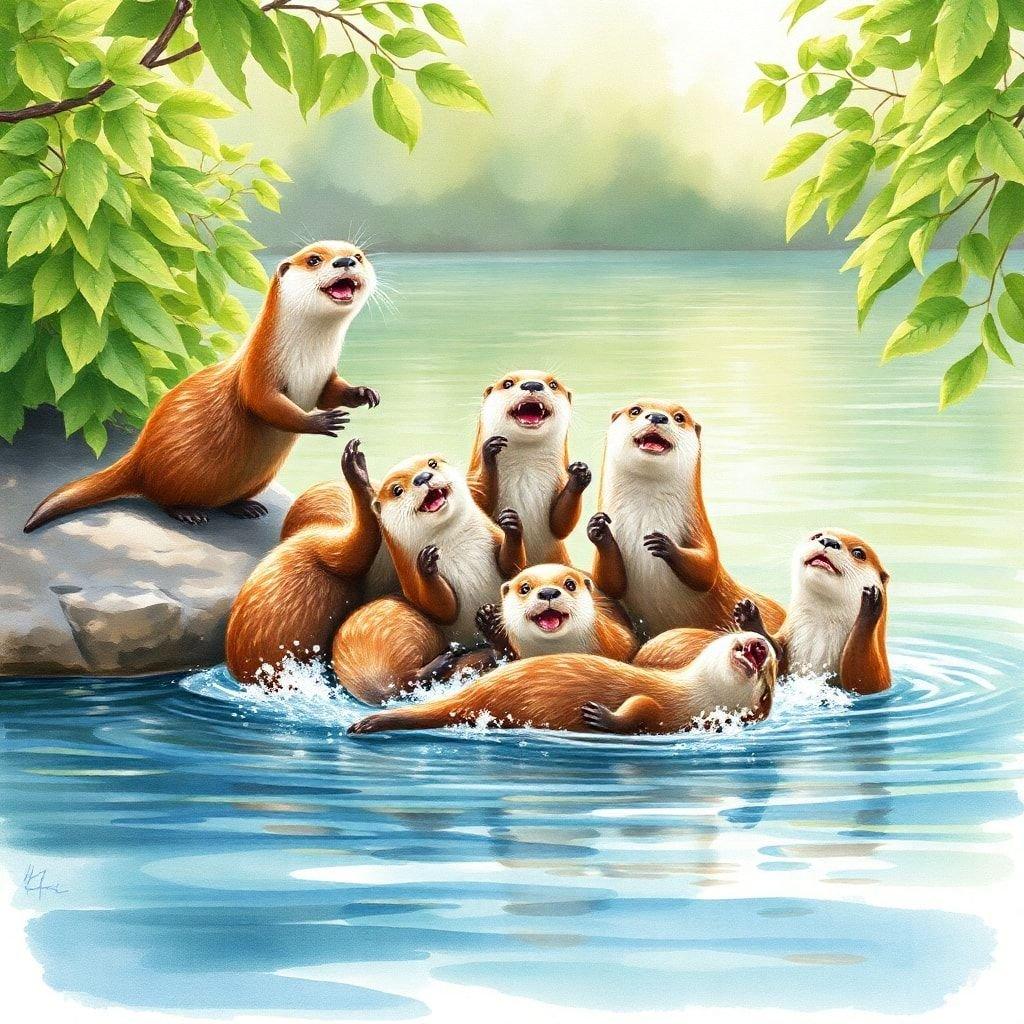 A joyful gathering of otters playing in a serene lakeside setting, perfect for a calming desktop wallpaper.