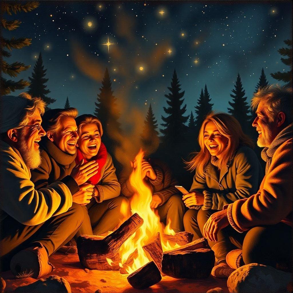 A group of friends enjoying the warmth and camaraderie around a bonfire during a winter camping trip, ringing in the New Year with laughter and joy.