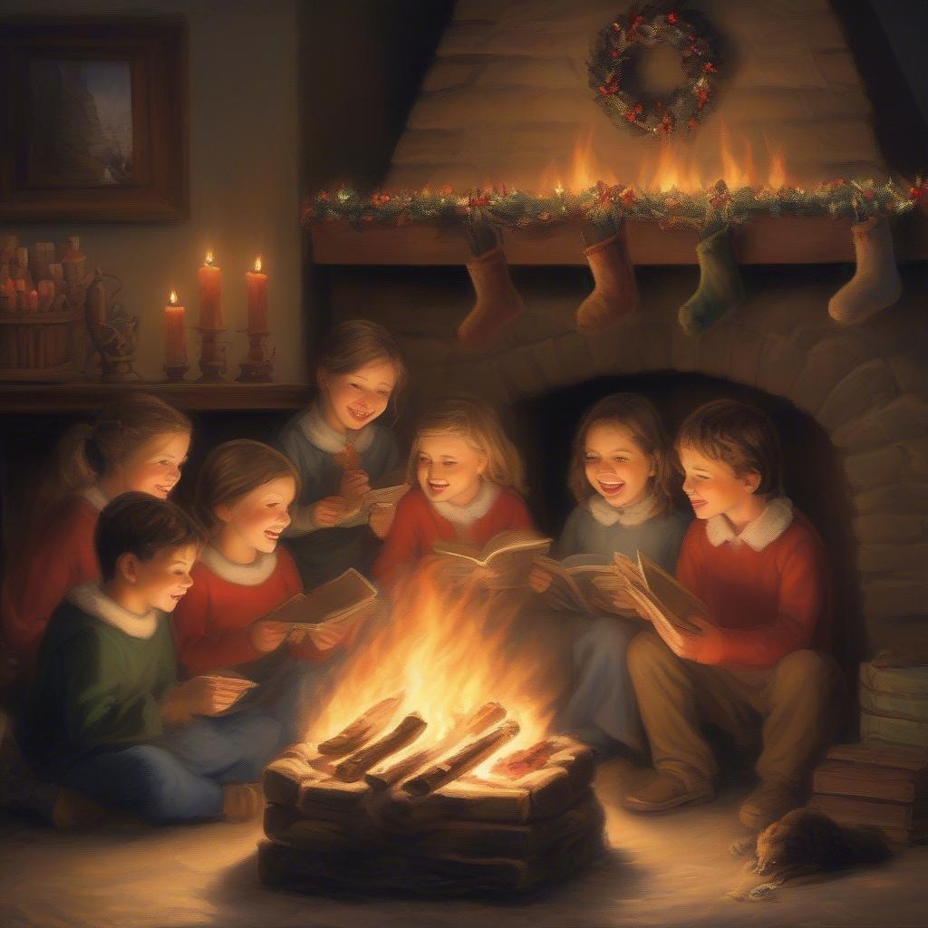 A heartwarming scene of family togetherness on Christmas Eve, as they gather around a cozy fire and read stories together.