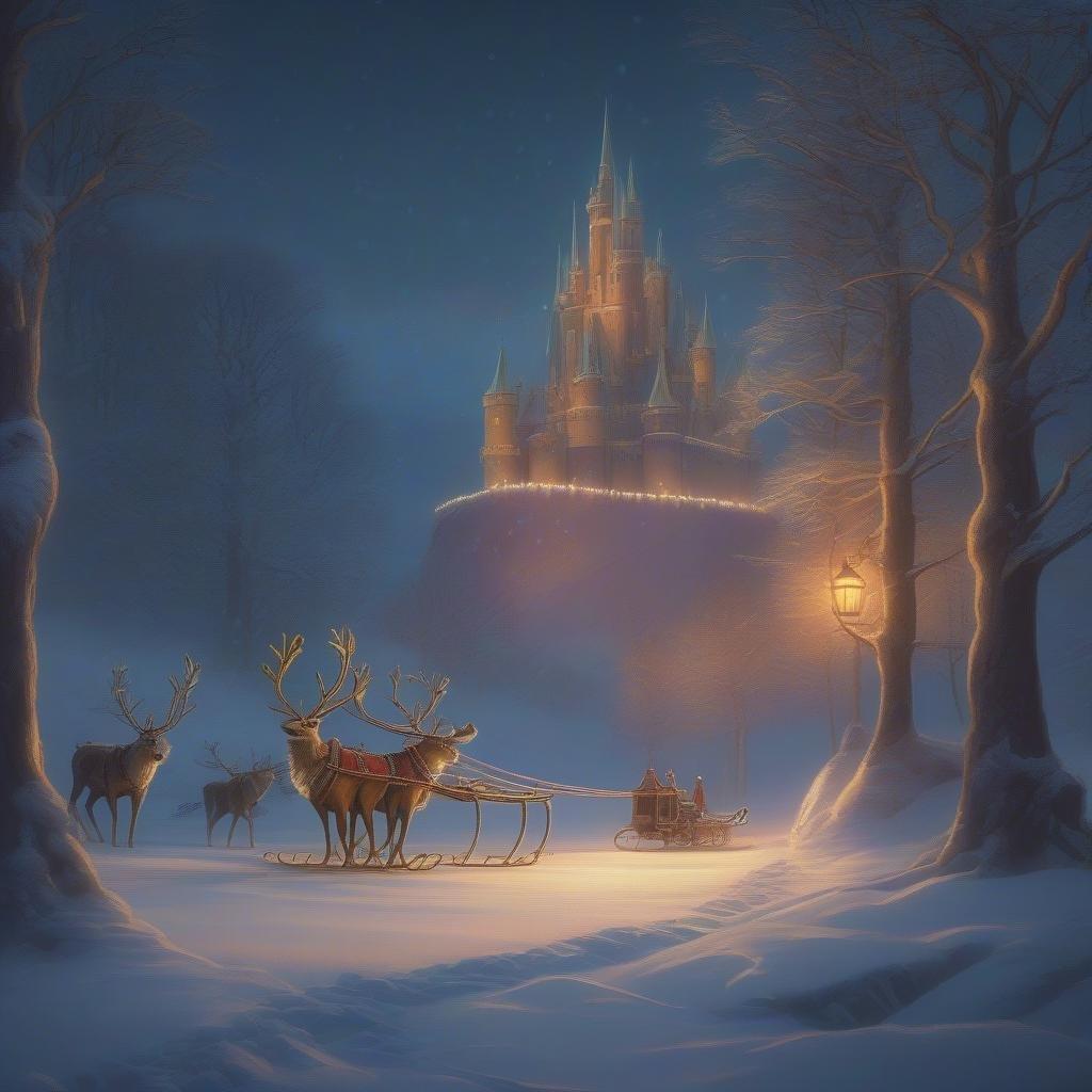 A mystical winter night on a snow-covered ground, with a magical castle looming in the background. A reindeer sleigh sleds past, carrying joyful passengers to a cozy evening gathering at the castle.