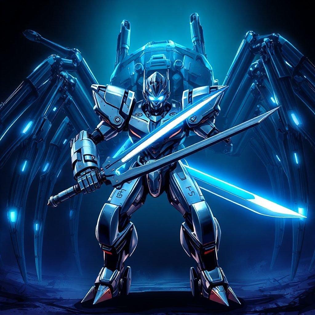 A dynamic digital illustration of a robotic warrior standing ready for battle. This mech is armed with a sword, reflecting its combat readiness against the mechanical spider in the background. The intricate details and glowing eyes on the mech showcase advanced technology in a futuristic setting.