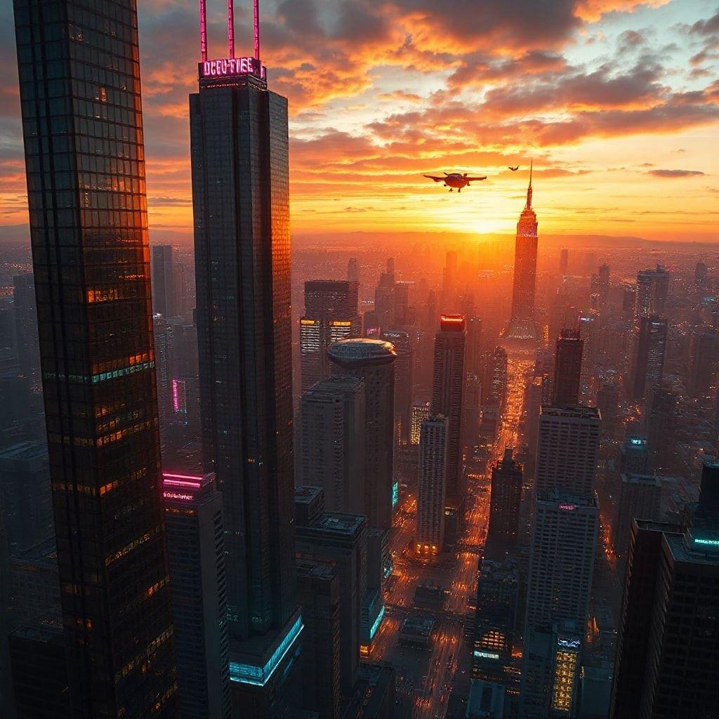 A 3D rendering of a cityscape at sunset, with a large building in the foreground and a sunset in the background.