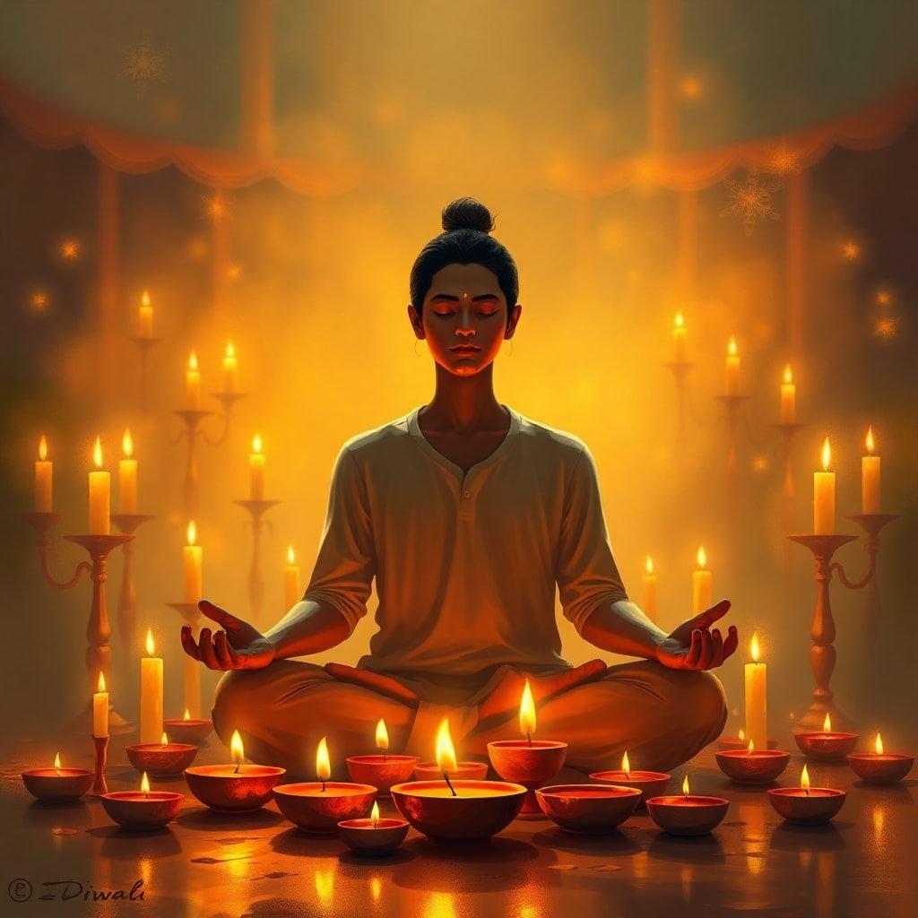 This serene Diwali wallpaper captures the essence of meditation amidst the vibrant festival of lights. The image features a person in a meditative pose, surrounded by candles and diyas, creating a peaceful and spiritual atmosphere. It's perfect for those seeking a moment of calm and reflection during the festive season.