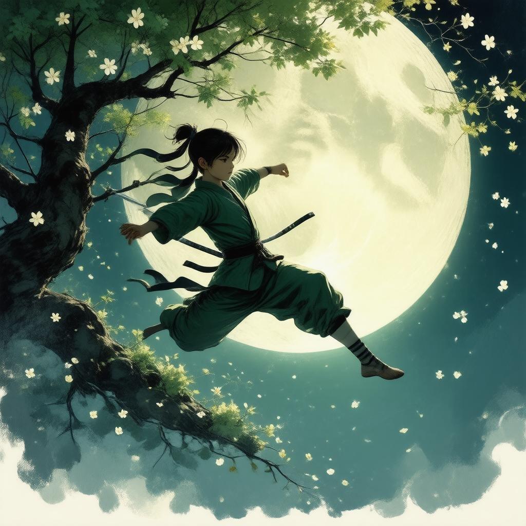 Experience the serene beauty of a ninja leaping from a cherry blossom tree, set against the tranquil backdrop of a moonlit night sky. This captivating digital illustration captures a moment of joy and tranquility, inviting you to step into a world of wonder and magic.