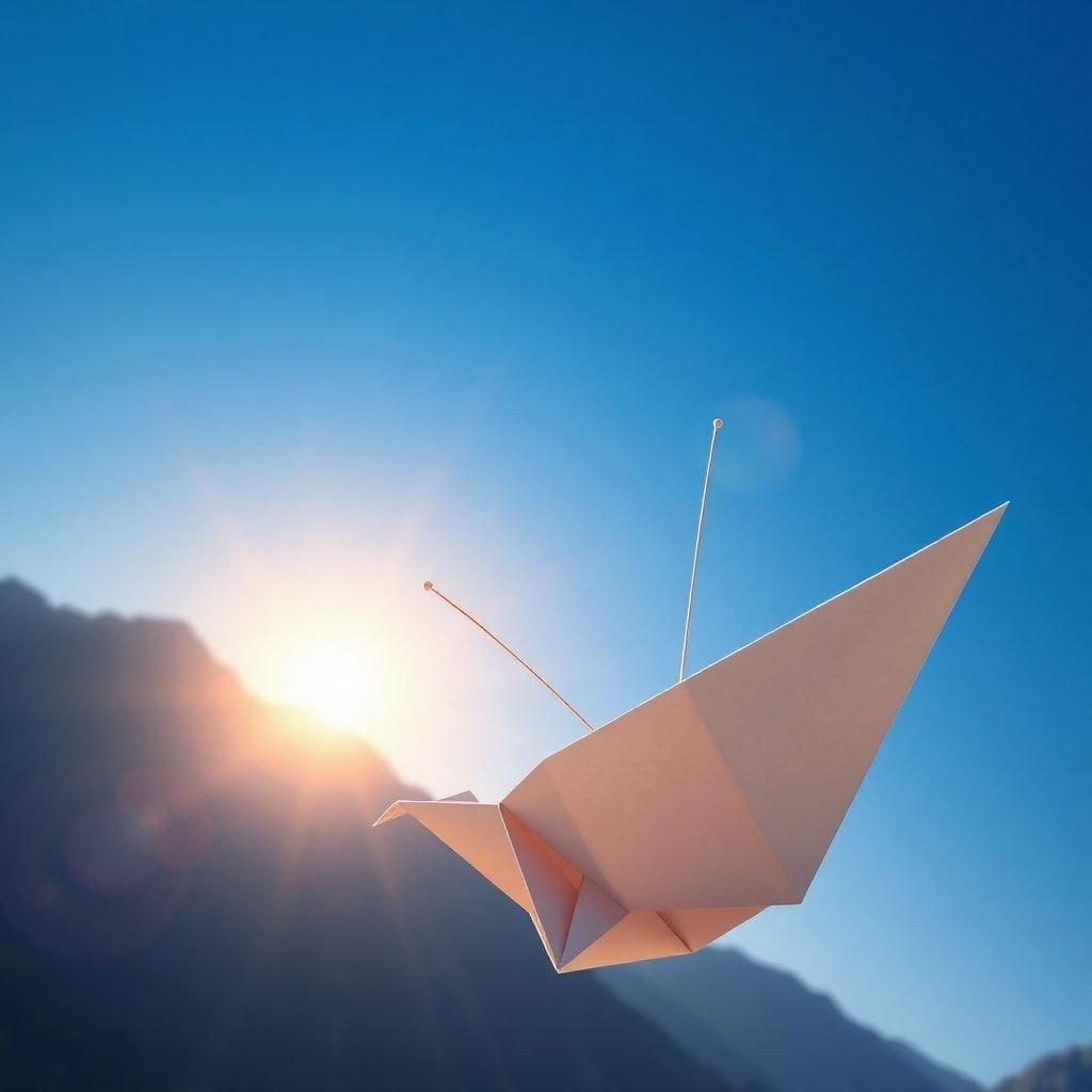 A stunning anime-style image of a paper crane taking off from the right side of the image, set against a breathtaking clear blue sky with the sun setting behind the mountains in the distance.