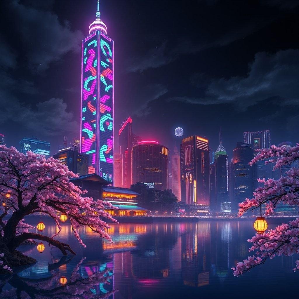 Immerse yourself in the vibrant world of anime with this stunning cityscape wallpaper. The neon-lit skyscraper and tranquil lake create a captivating scene that's perfect for desktop and mobile use.