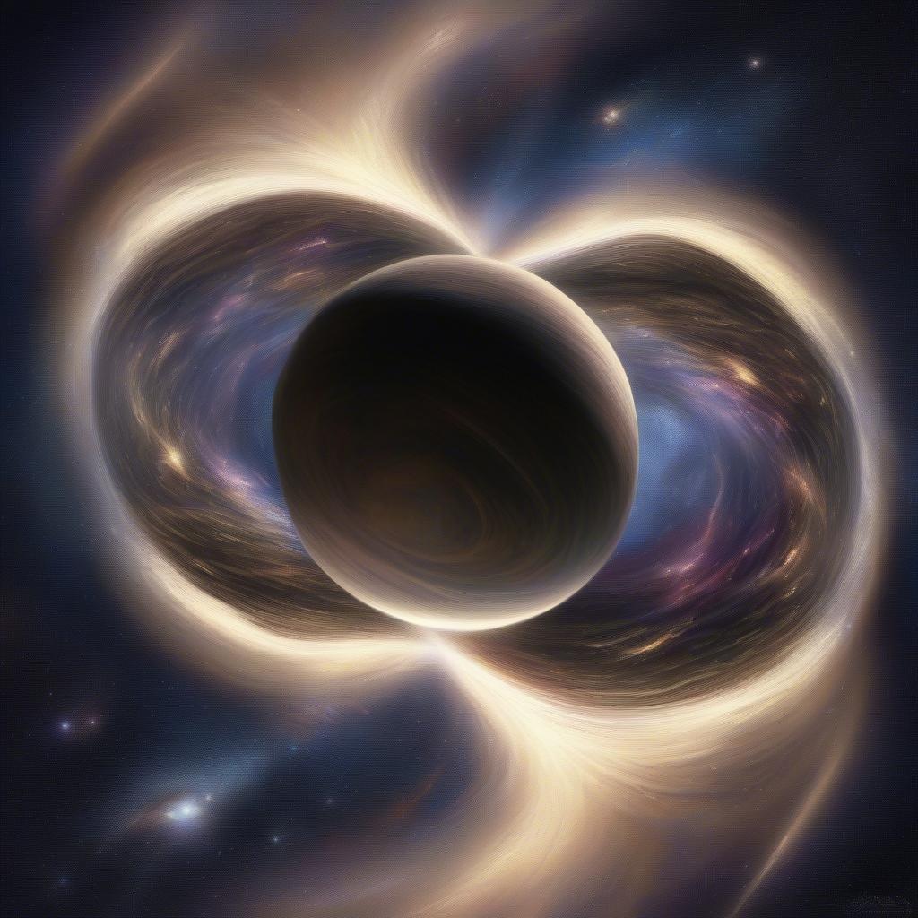 This stunning wallpaper features a black hole at its center, surrounded by swirling clouds of gas and dust. The black hole's event horizon is visible, with matter being pulled in and distorted by its intense gravity. The surrounding space is filled with stars, planets, and other celestial objects, creating a sense of depth and scale.