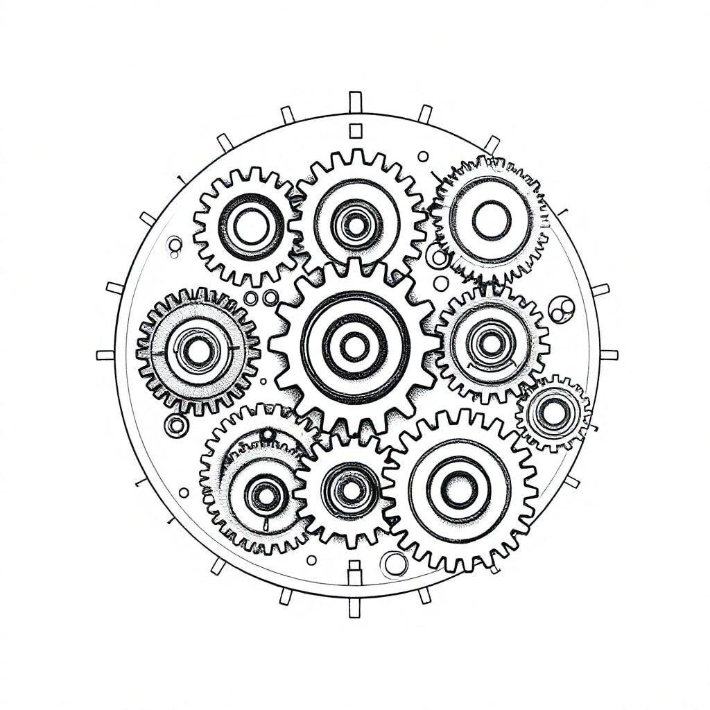 A circular assembly of gears and cogs, set against a stark white background, creates an intriguing focal point. The black and white line drawing gives the image a minimalist charm, while the industrial design hints at steampunk elements, suggesting a fusion of elegance and mechanics.