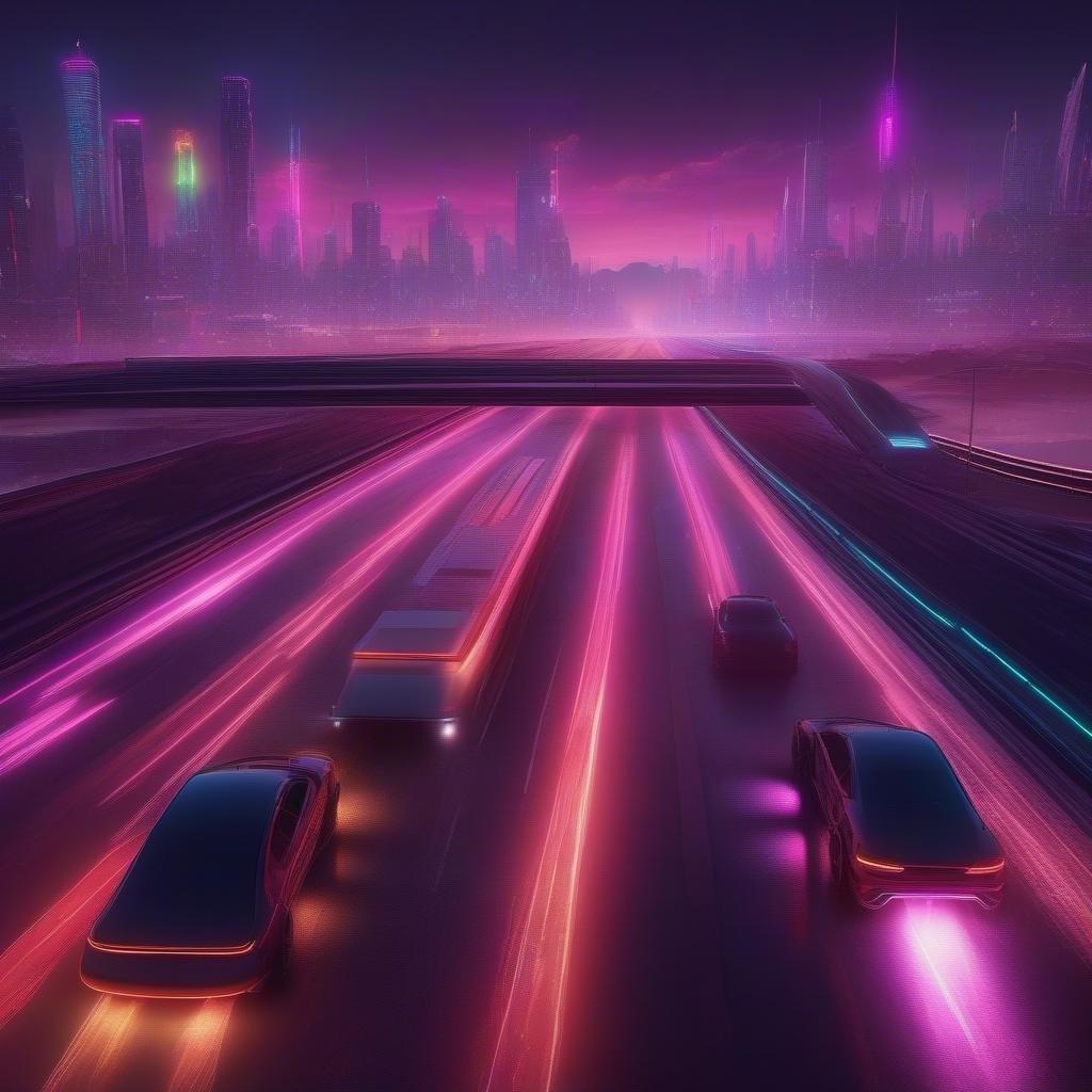 Uma estrada iluminada por néon sob um céu roxo, com carros futuristas passando rapidamente. A cidade brilha à distância, preparando o cenário para esta emocionante cena cyberpunk.