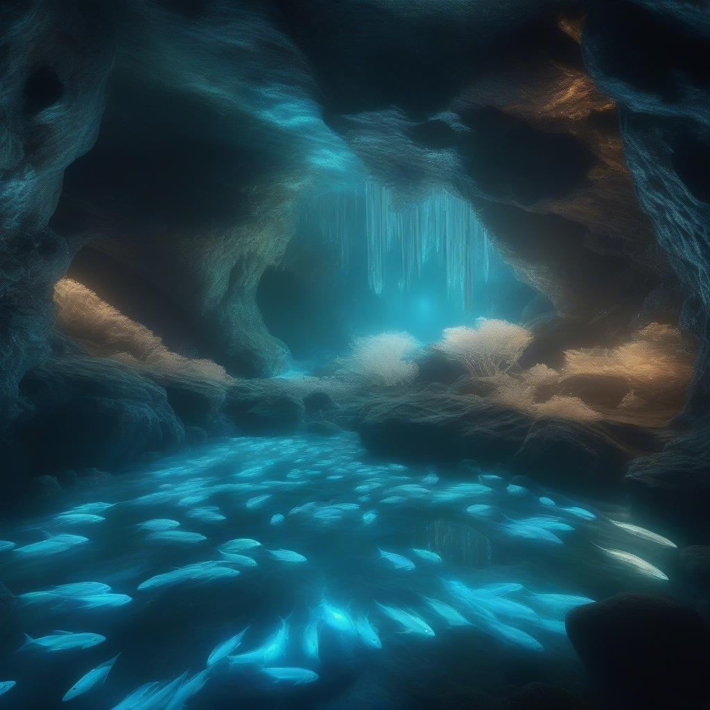 Dive into an otherworldly cave filled with ancient rock formations, sparkling blue water, and thousands of luminescent fish. The ethereal glow adds a magical touch to this serene underwater landscape.