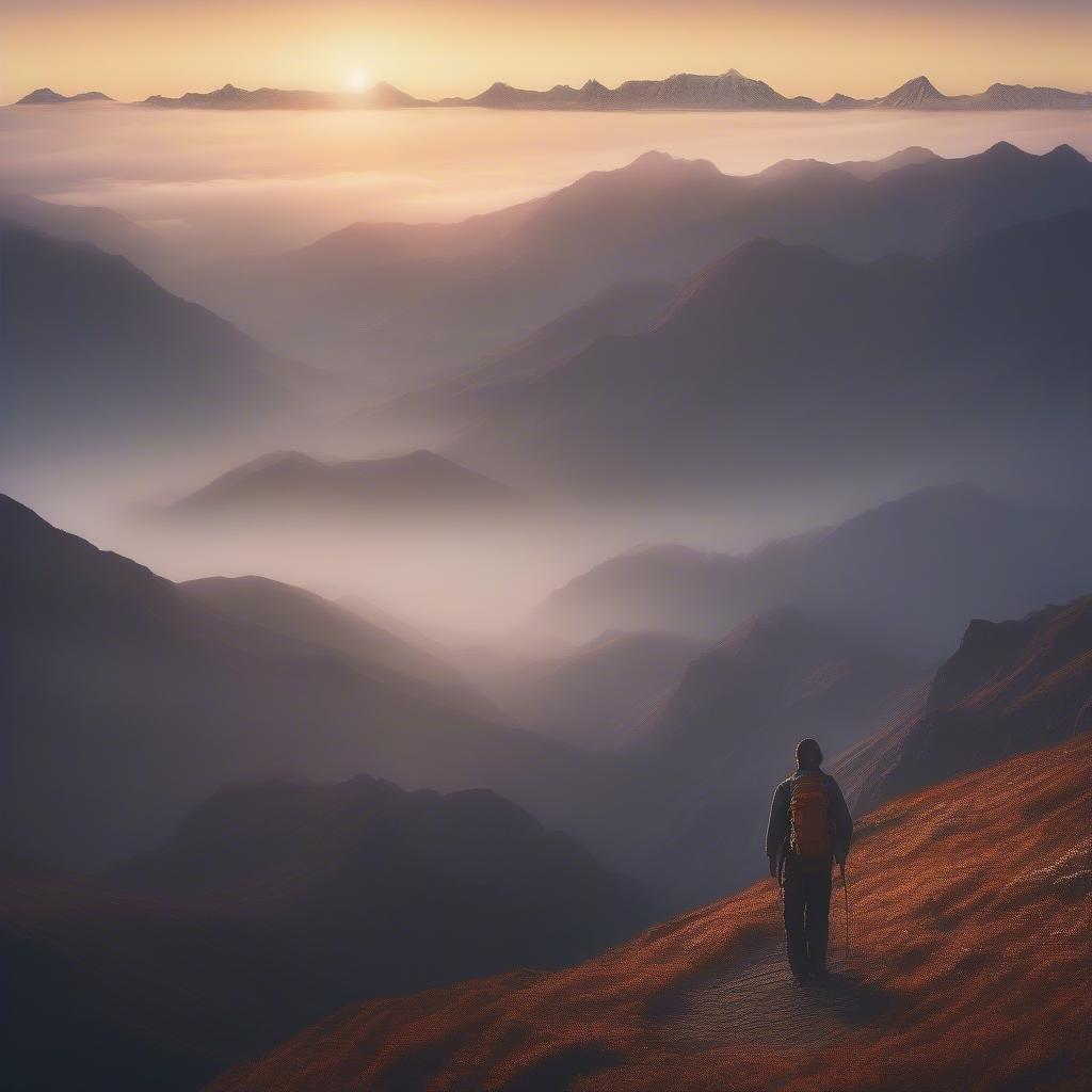 A breathtaking mountain landscape with a hiker in the foreground, surrounded by towering peaks and a stunning sunset.