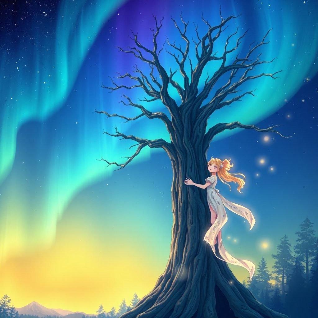 Um belo espírito de árvore anime abraçando a aurora boreal em uma impressionante ilustração digital.