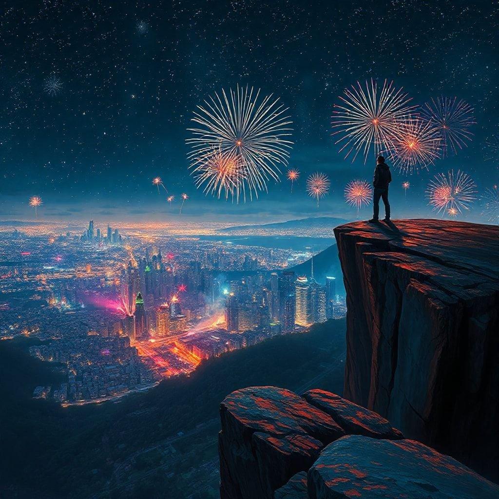 Recibe el nuevo año con una impresionante vista de fuegos artificiales sobre el horizonte de la ciudad. Este vibrante fondo de pantalla captura la emoción y la alegría de celebrar el comienzo de un nuevo año.