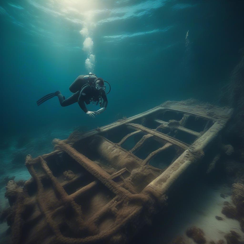 Diving into the depths of the ocean reveals a sunken shipwreck, an ancient treasure trove waiting for discovery.