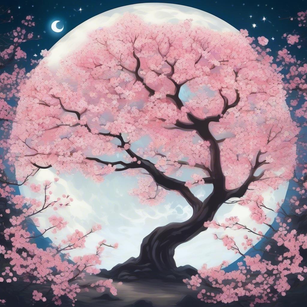 Cette illustration numérique capture la beauté enchanteresse d'un jardin japonais sous une pleine lune. Le cerisier, orné de délicates fleurs roses et blanches, se dresse dans une majesté sereine contre le ciel nocturne étoilé. Le ciel bleu est parsemé de verdure, ajoutant de la profondeur à la scène. Ce fond d'écran évoque un sentiment de tranquillité et de fantaisie.