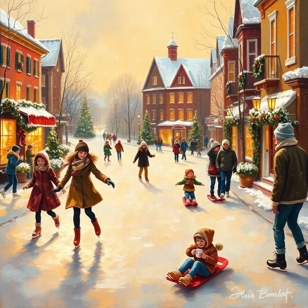 The picture captures the heart of small-town holiday charm. The snowy street is bustling with activity, filled with people taking in the festive decorations and lights that adorn every tree and building.