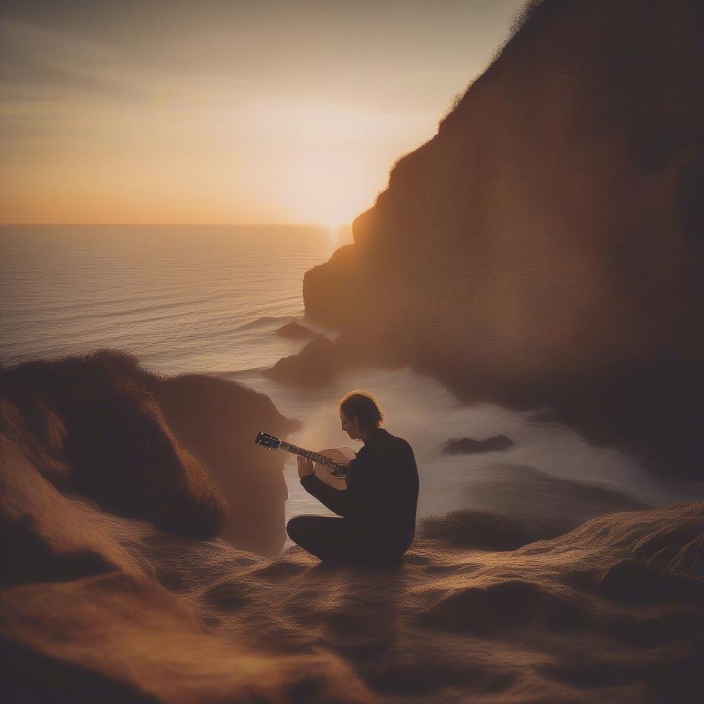 A musician finds solace on the beach as he strums his guitar, watching the sun set in a beautiful coastal scene.