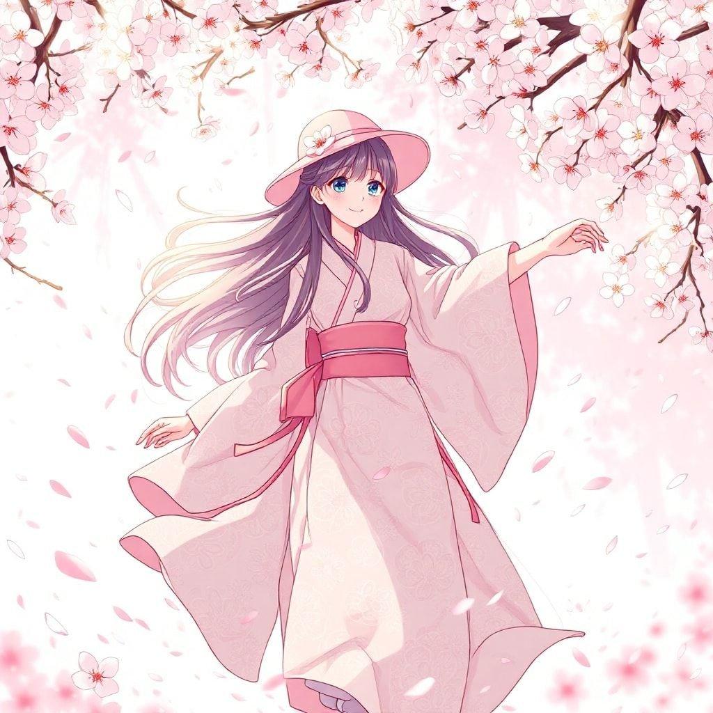 This anime-style illustration features a girl in a kimono, surrounded by cherry blossom petals. Her long hair and pink hat add to her elegance, while her pose captures a moment of joy.