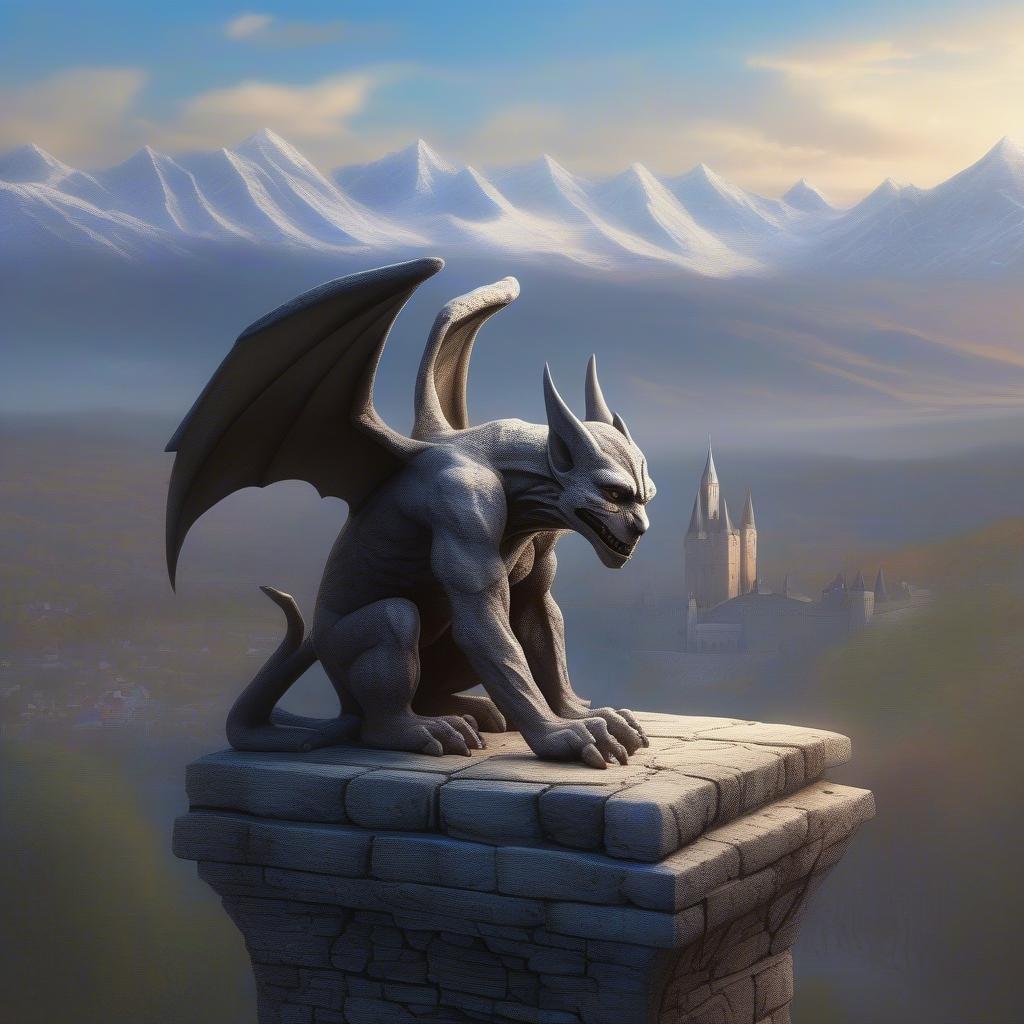 A powerful dragon perched atop a stone structure, overlooking a mystical landscape.